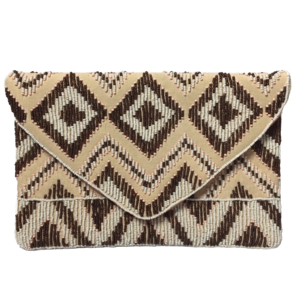Beaded handmade envelope peach cotton clutch. Made in India.